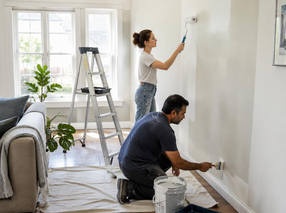 Two helpers painting a living room wall
